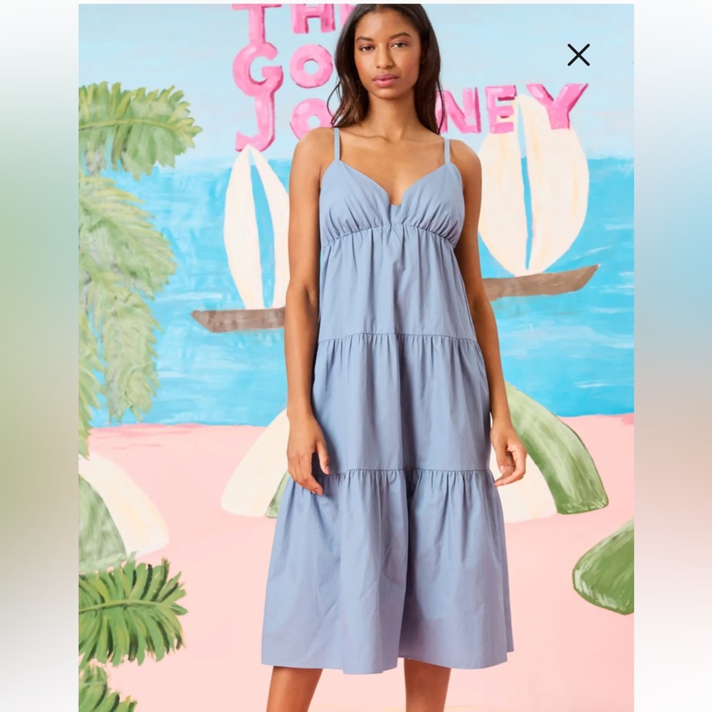 The Good Journey V-Neck Tiered Cotton Midi Dress Coronet Blue Size Medium M